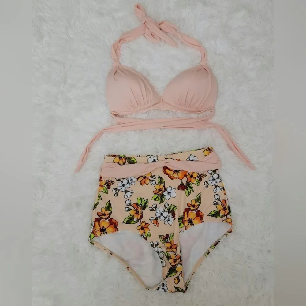 Retro Floral Halter High Waist Bikini Set Two Piece Bathing Suit Size M (6)